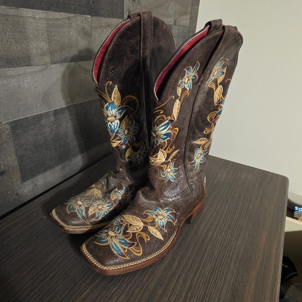 Brown And Turquoise Floral Western Cowboy Boots Womens Womens 8.5